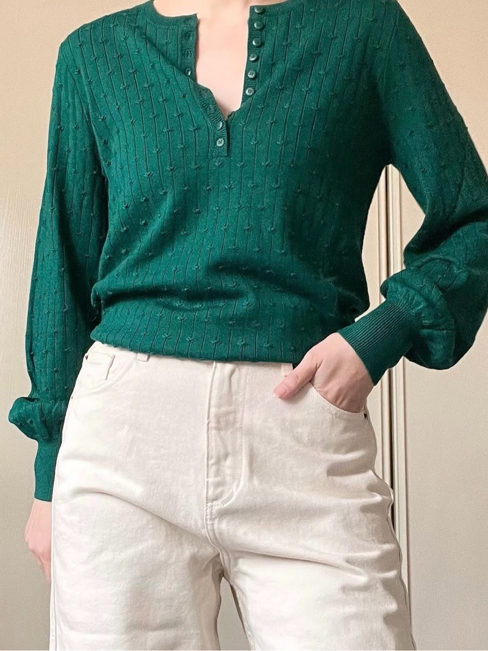 Sezane Emerald Green Button Henley Knit Top